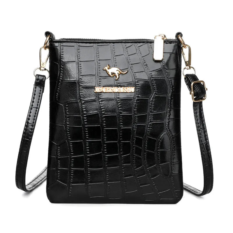 Soft PU leather shoulder messenger bag in a square vertical shape with a file compartment, shown in a floral stone pattern colour.