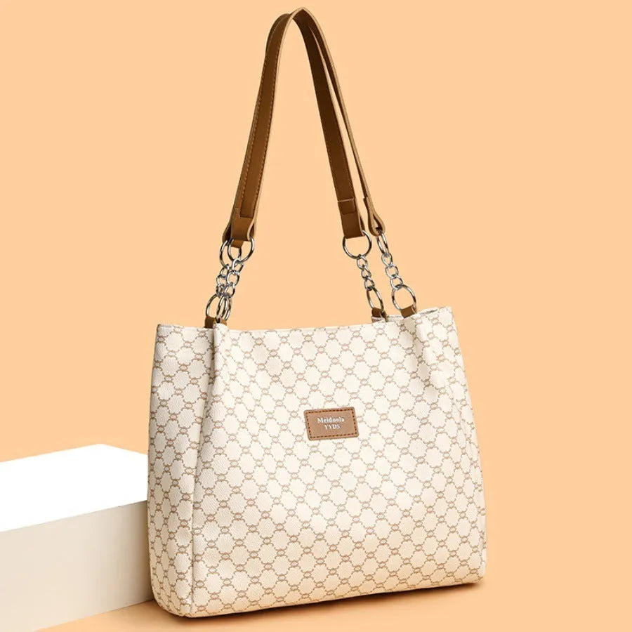 Women's retro style handbag in soft PU leather available in brown, grey and white colour options