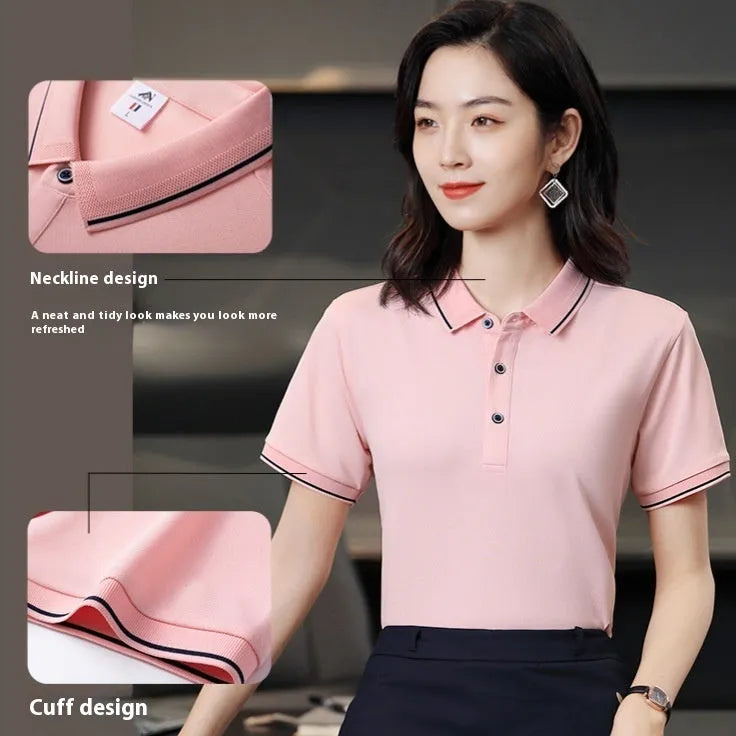 Short-sleeved beautician work polo shirt in light blue on a hanger.