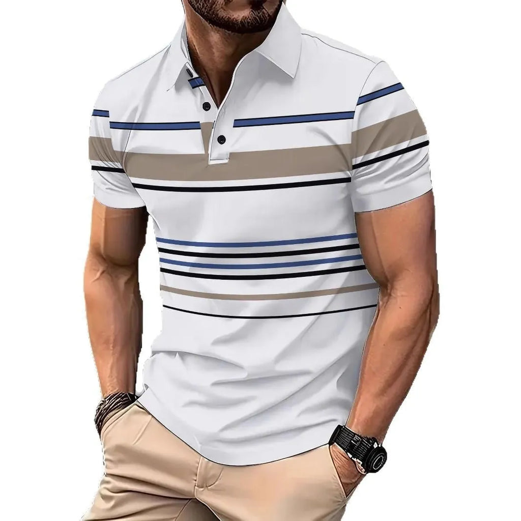 Men's white striped short sleeve polyester t-shirt laid flat showing slim fit style