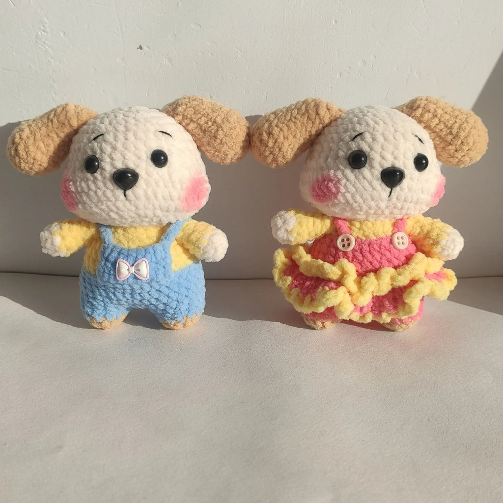 Hand-finished woollen couple zodiac dog pendant charm with key chain on pinafore dress and trousers styles