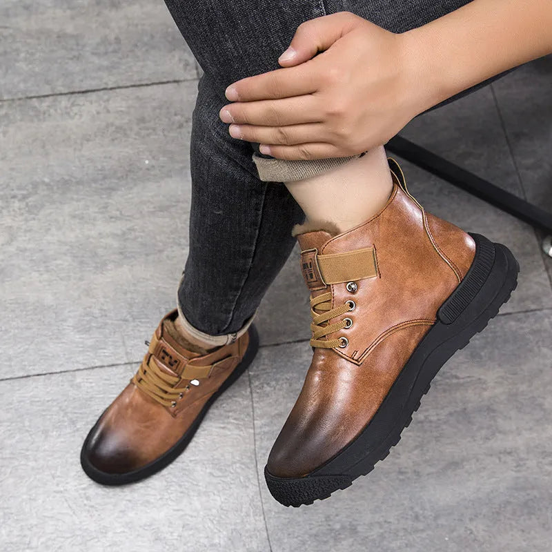 Men's black Martin platform boots with high-top design and velvet PU upper.