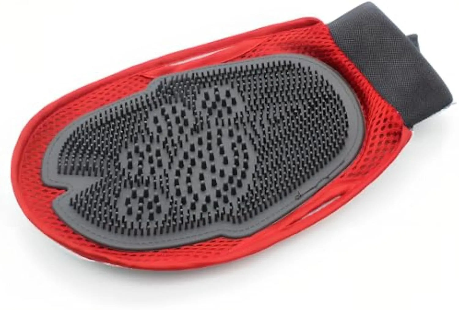 Red waterproof pet bathing glove with integrated brush bristles for grooming and cleaning dogs and cats.