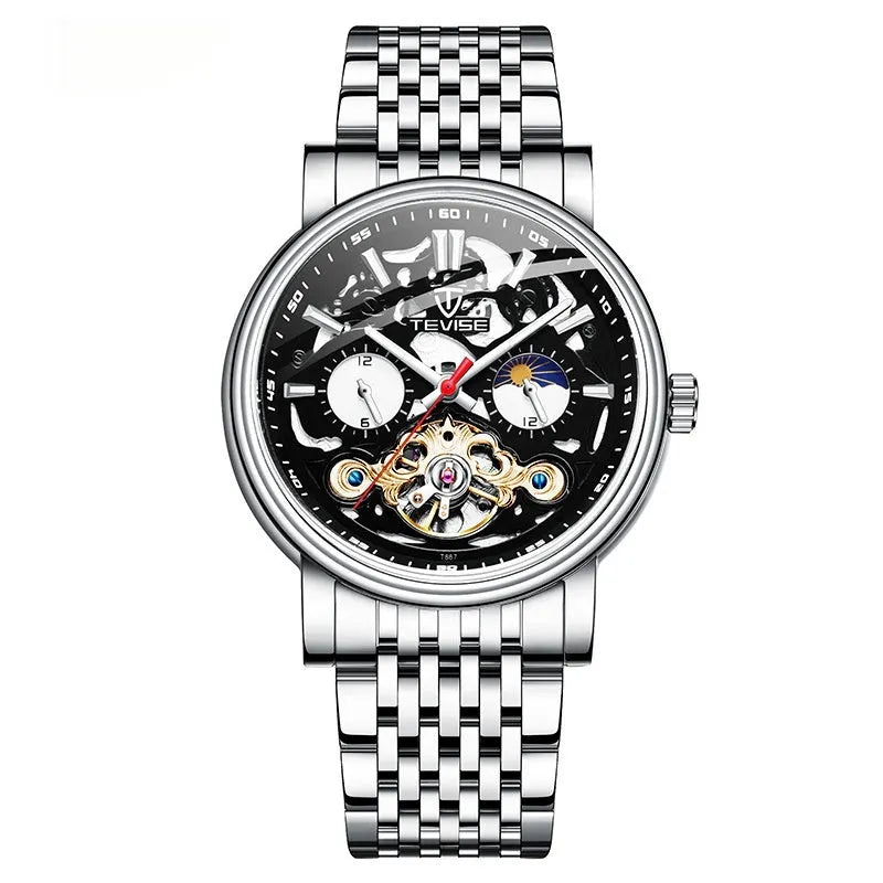 Men's fashion tourbillon watch with luminous hands on a leather strap, showing a black case.