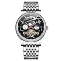 Men's fashion tourbillon watch with luminous hands on a leather strap, showing a black case.