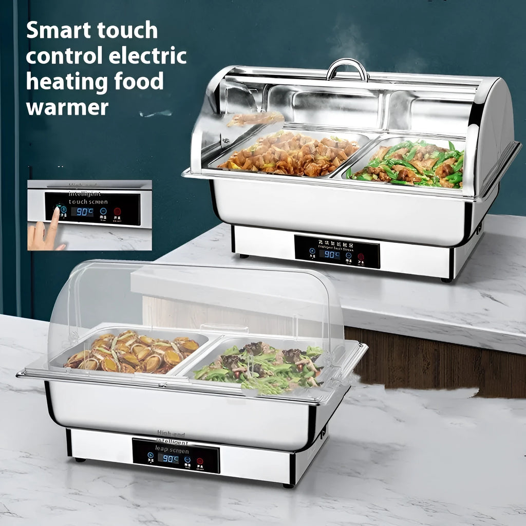 Transparent electric buffet stove with stainless steel construction and LCD temperature display