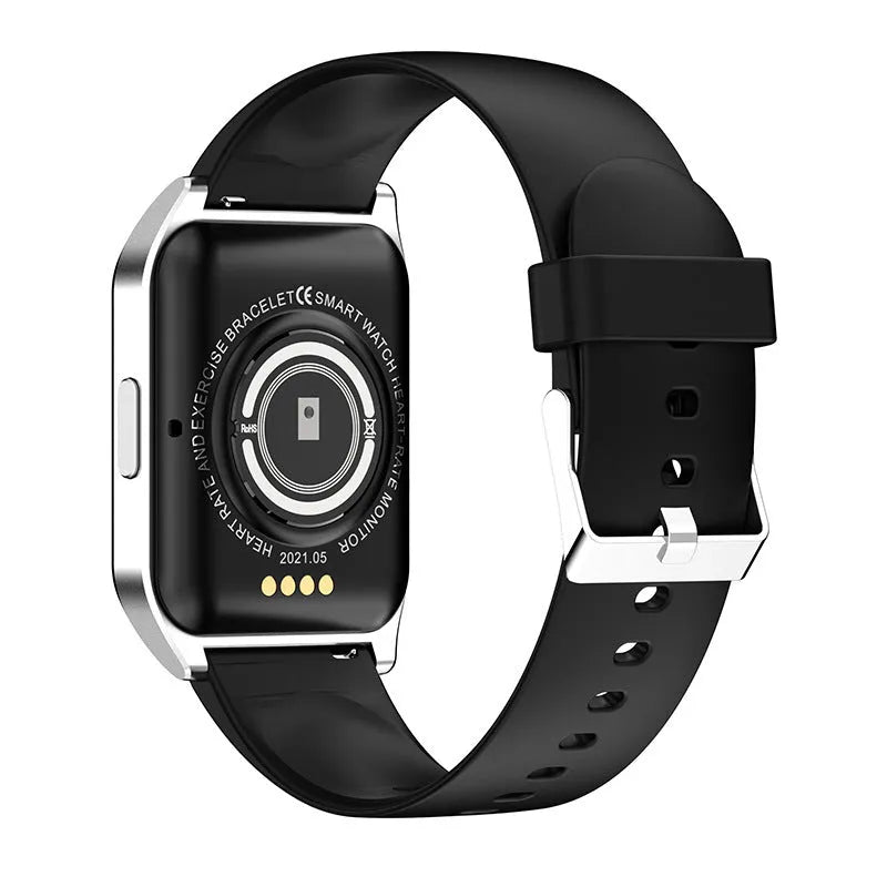 Black smart watch with 1.69-inch screen showing heart rate display on silicone wrist strap