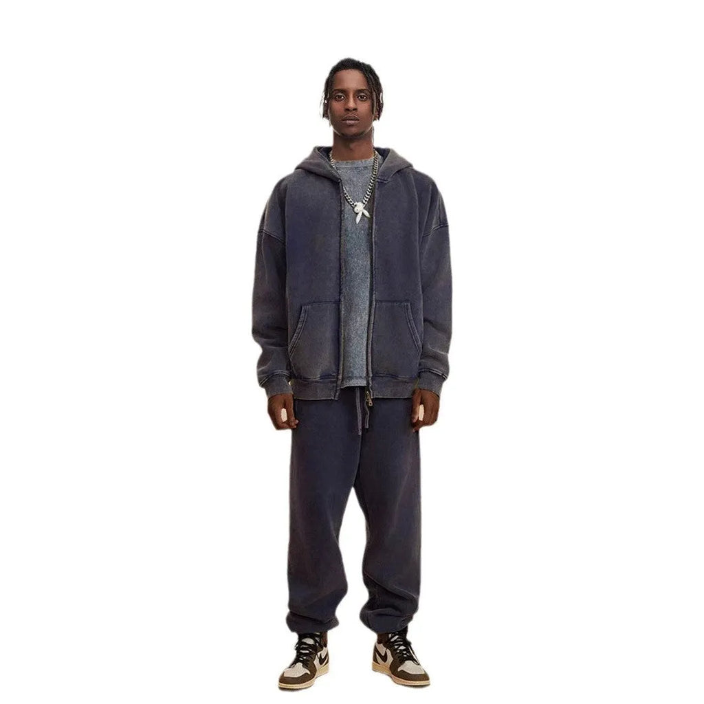 Men's vintage washed cotton hooded cardigan with fleece lining and a double front zipper.