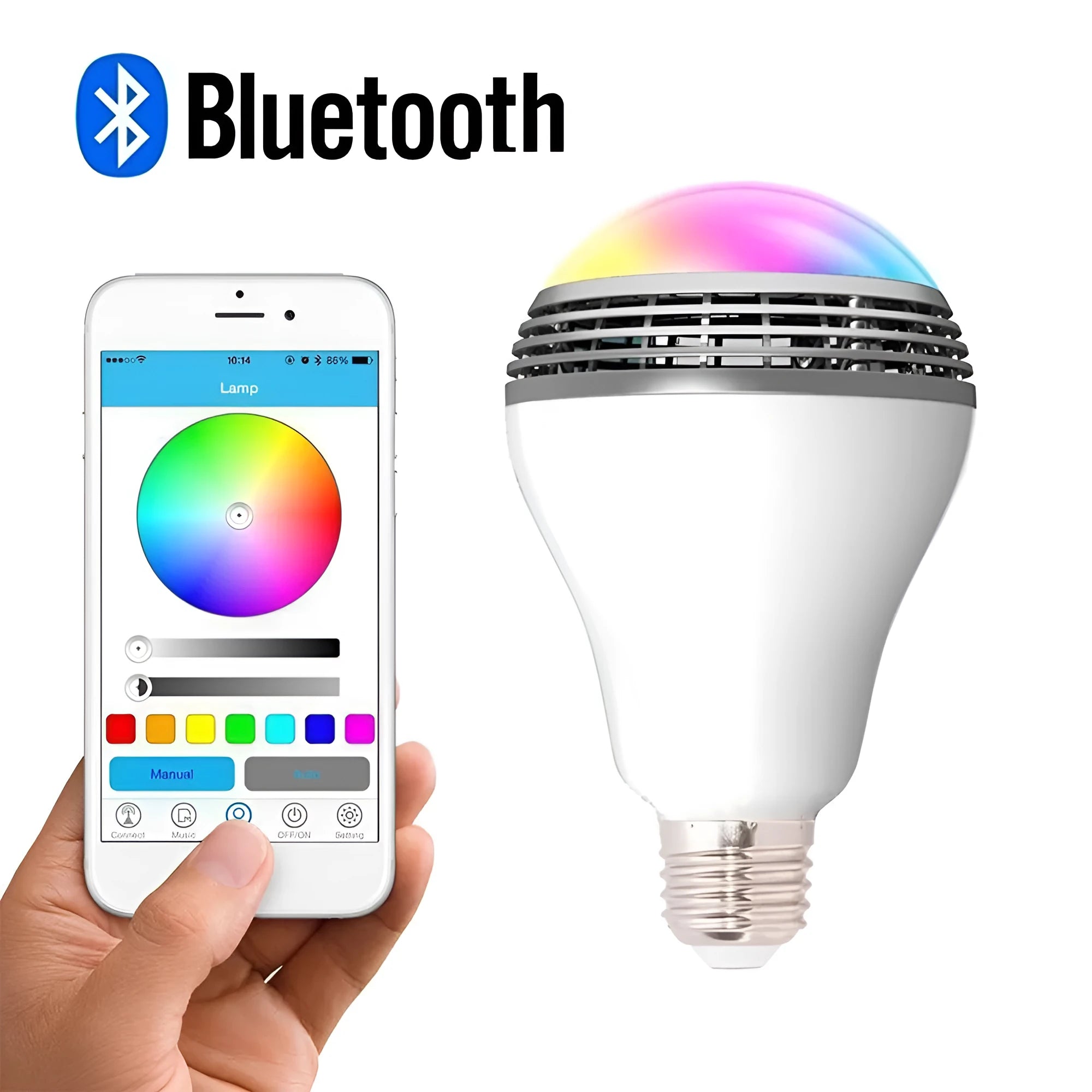 White LED smart bulb with E27 base, featuring integrated Bluetooth speaker for music and light.