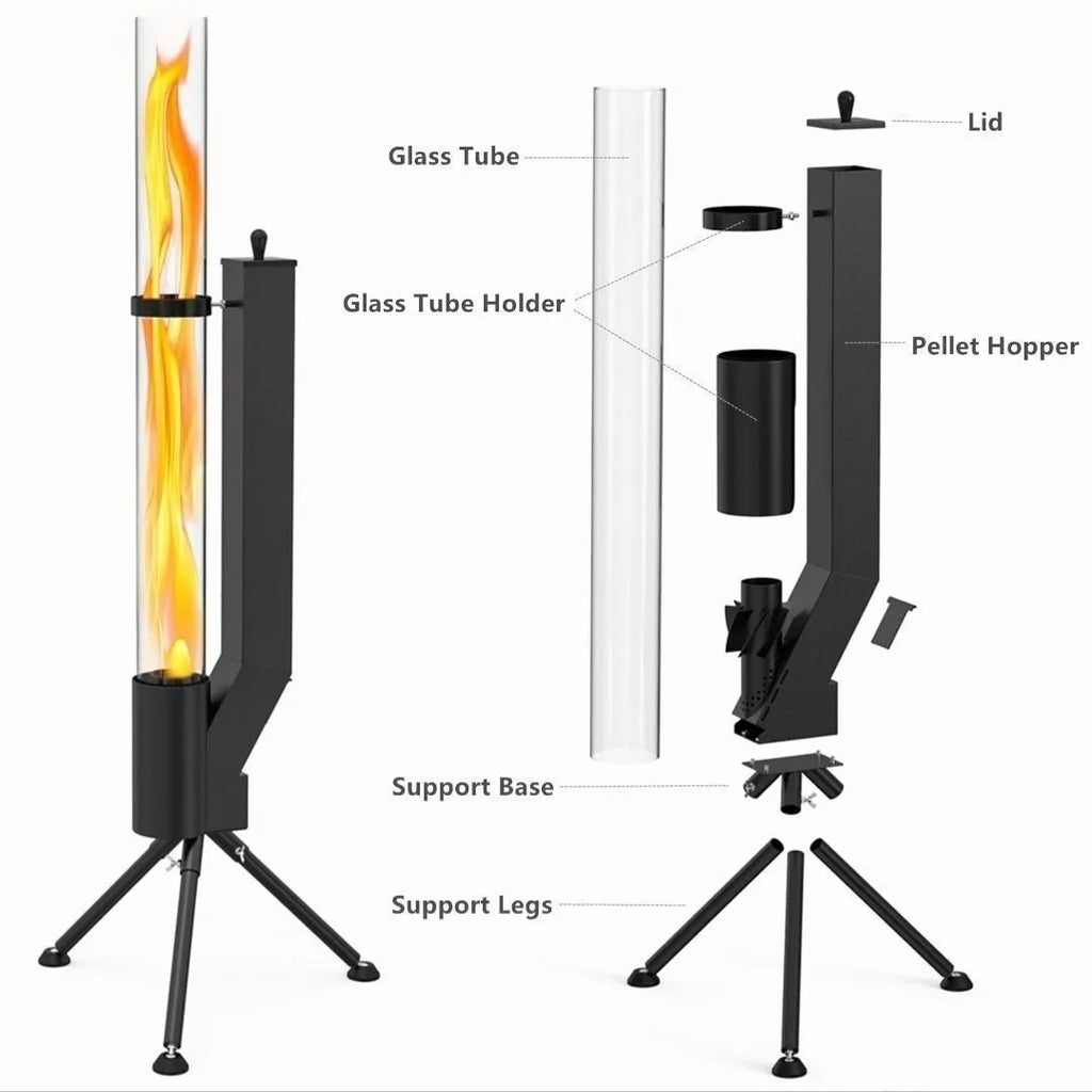 Vertical rocket furnace wood burning heating stove with iron construction for courtyard use