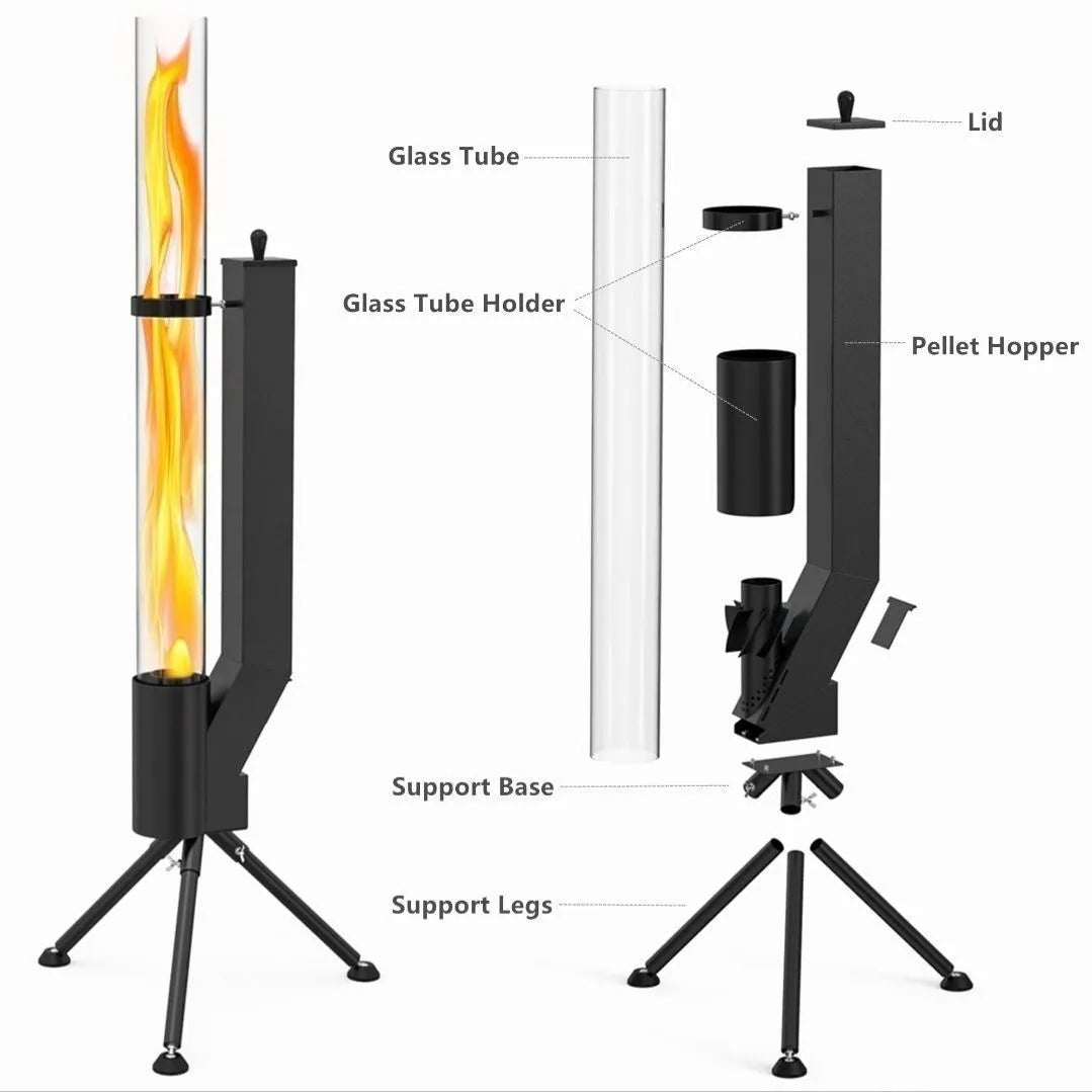 Vertical rocket furnace wood burning heating stove with iron construction for courtyard use
