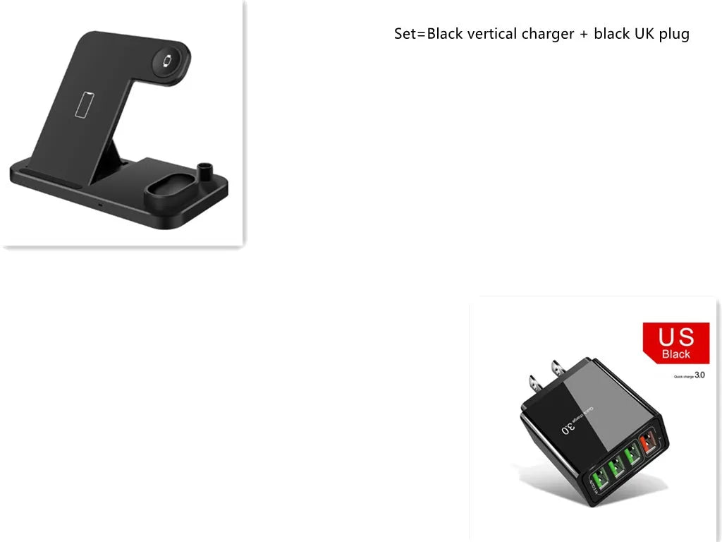 4-in-1 adjustable wireless charging station showing phone, watch, earbuds and pencil charging on a desk.
