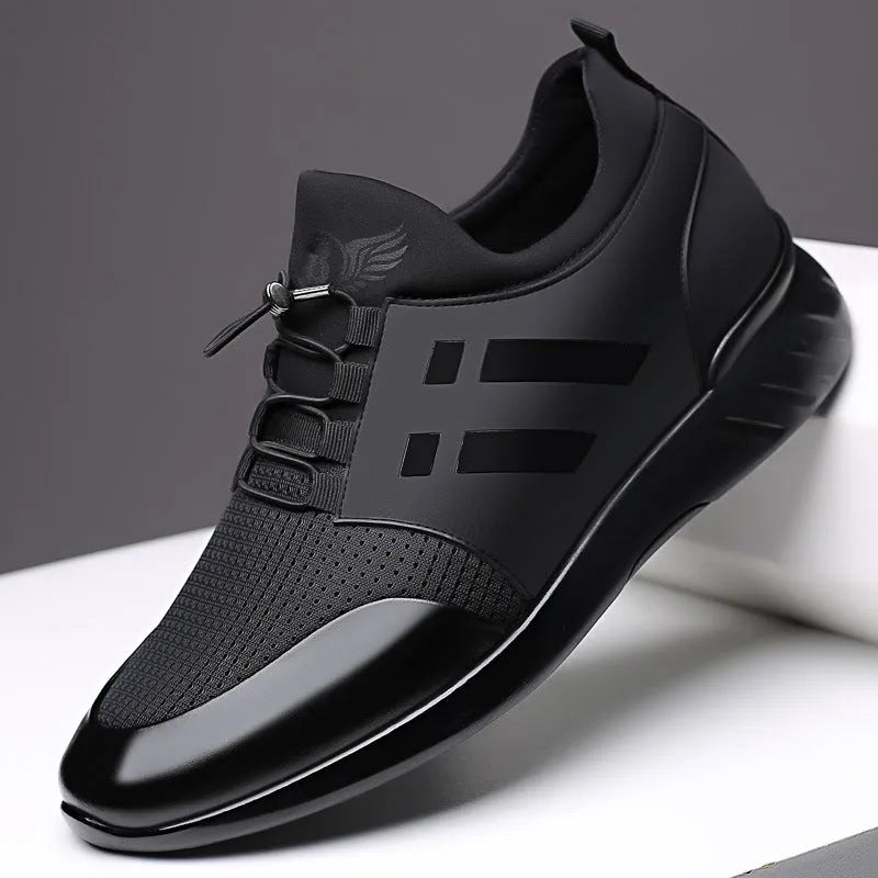 Men's black casual height increasing shoes with chunky rubber sole, shown in leather, mesh, and Lycra upper options.