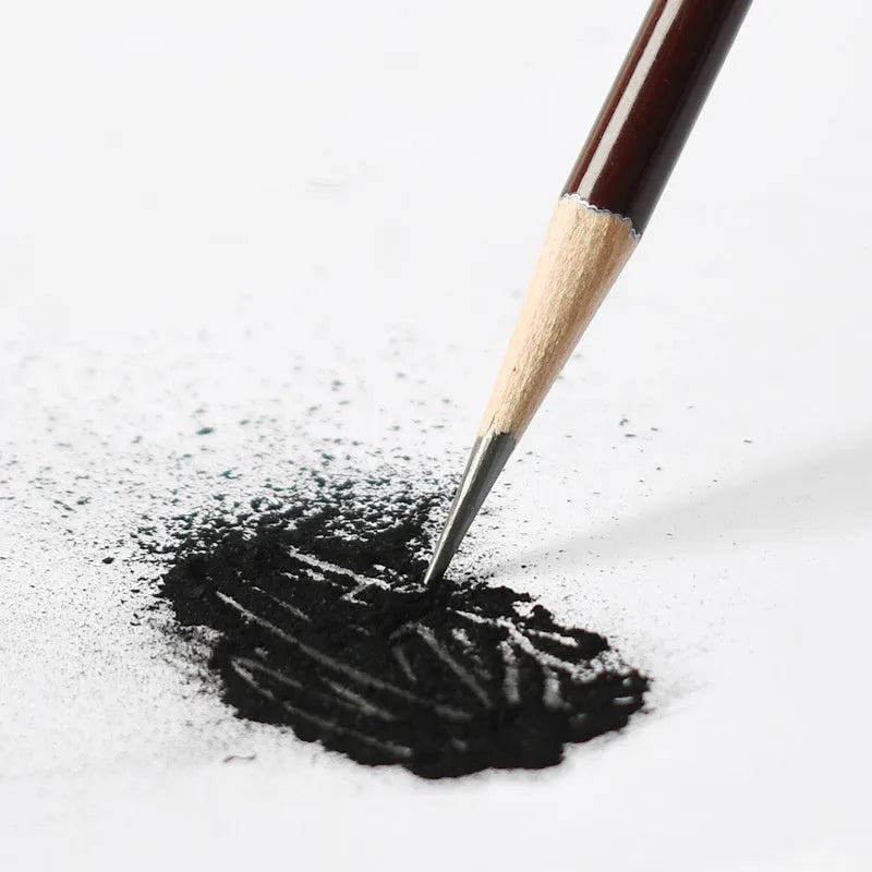 Professional drawing charcoal set showing multiple pencil grades from 4H to 14B with specialist soft carbon tools