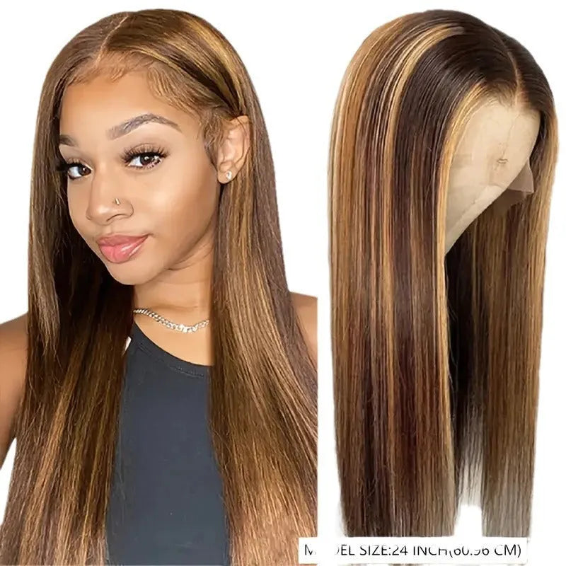 Long straight hair lace front wig side bangs piano colour high temperature fibre full-head