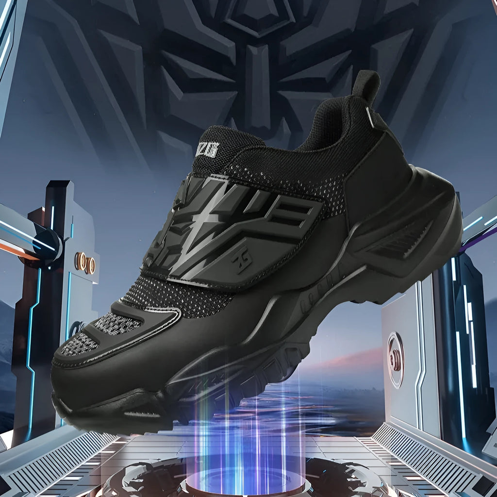 Black safety work shoes with steel toe cap and felt buckle closure on a white background