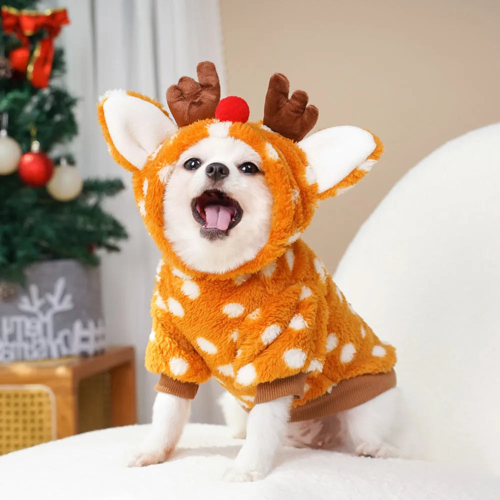 Elk costume for medium dog with fleece lining, shown in Christmas styling