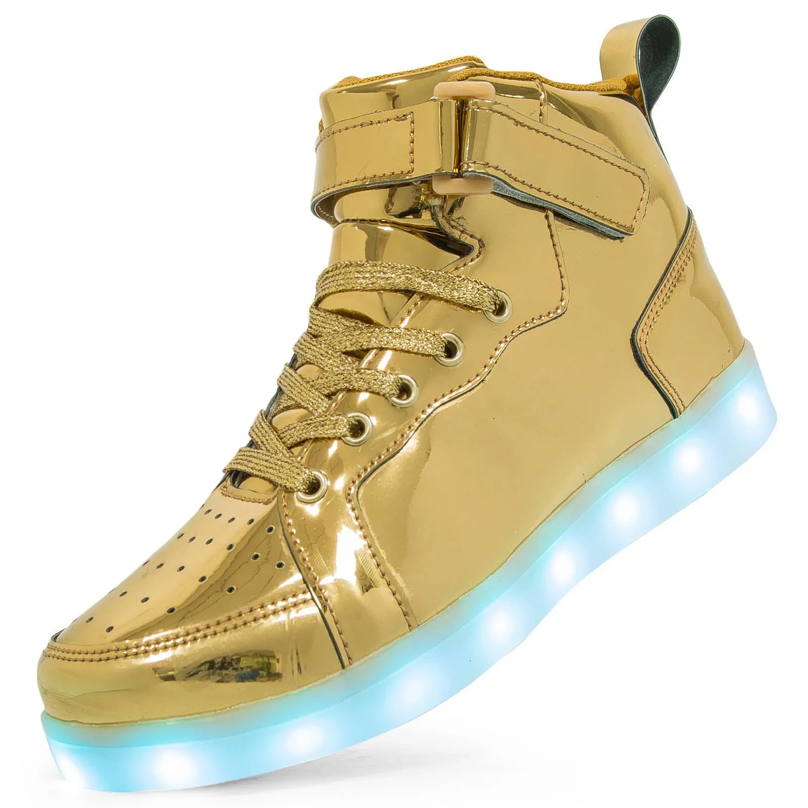 LED high-top sneakers with Velcro strap in black, gold, or white colour on rubber sole.