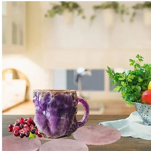 Purple resin mineral crystal coffee mug with handle showing 3D texture and 10cm height