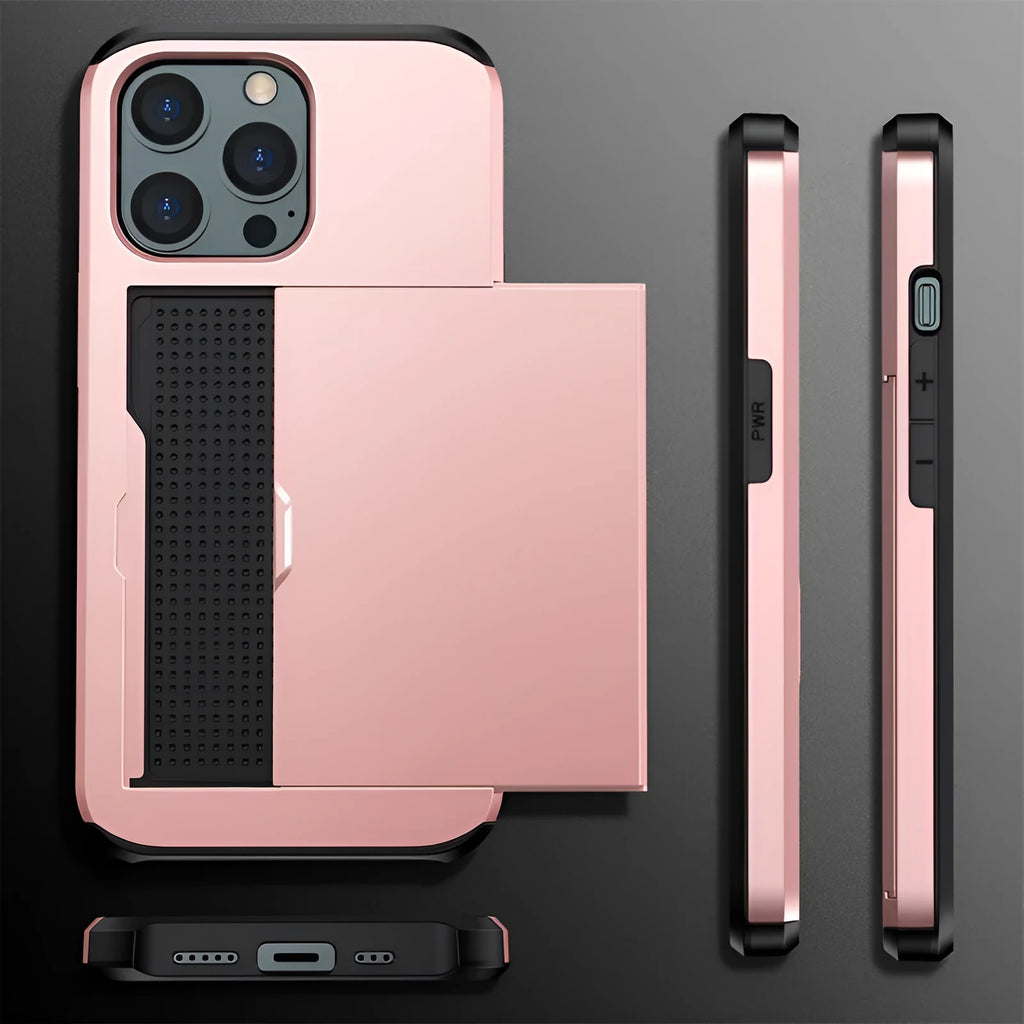 Army Green hybrid iPhone case with a sliding card wallet cover open, showing card slot and raised screen protection.
