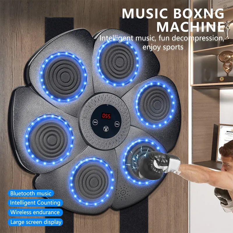 Black smart boxing machine wall target with LED lights and half-finger gloves
