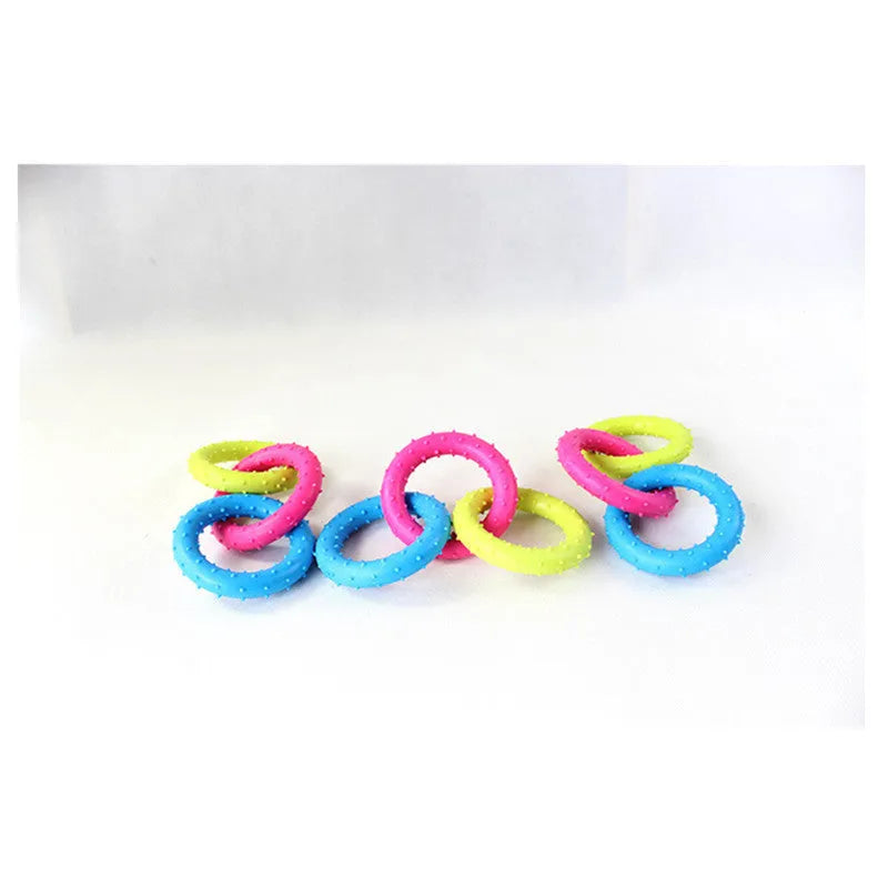 TPR rubber three-chain link dog molar chew toy for large breed dogs on a white background.