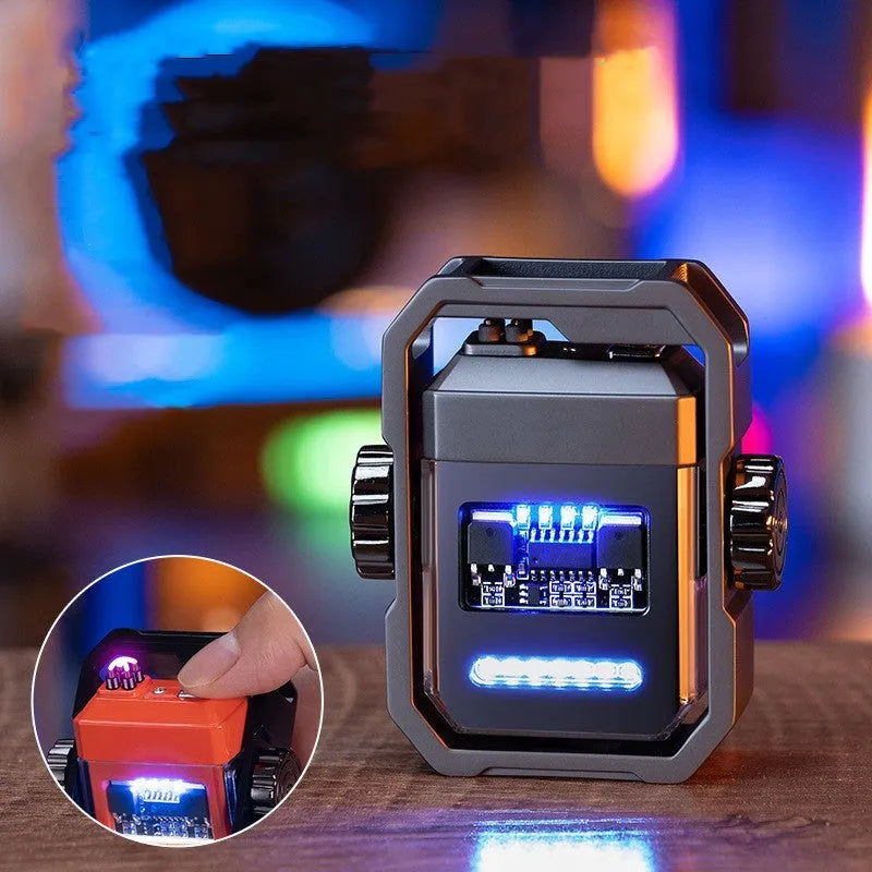 Blue zinc alloy electric arc lighter with glowing double plasma arc and a visible mechanical gyroscope, shown in folded and open positions.