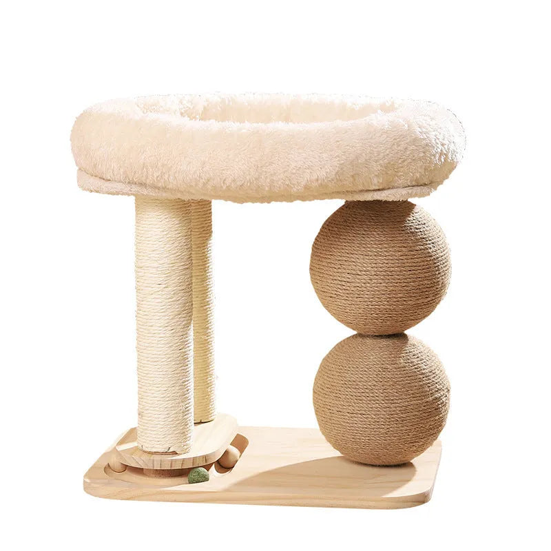 Pine wood cat nest bed with sisal scratching posts and double ball chamfer design