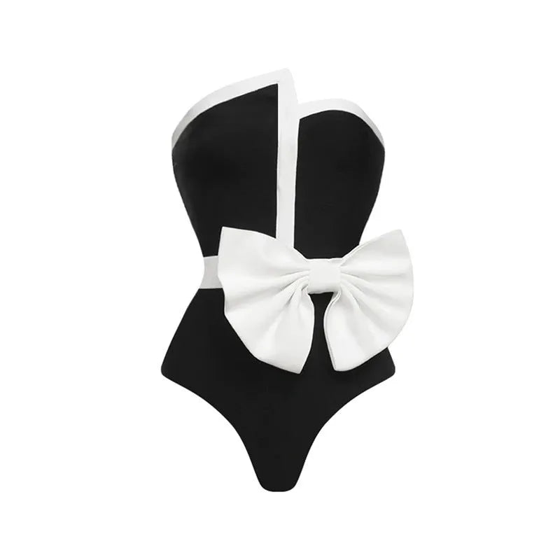 Women's black and white colour-block one-piece swimsuit with bow detail and tube top