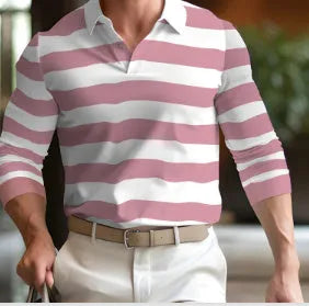 A man wearing a loose-fit long sleeve polo shirt with a button detail, available in various colours and sizes up to 6XL.