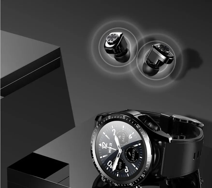 Black smart watch with 1.28-inch screen showing health metrics, silicone strap, includes TWS earphones