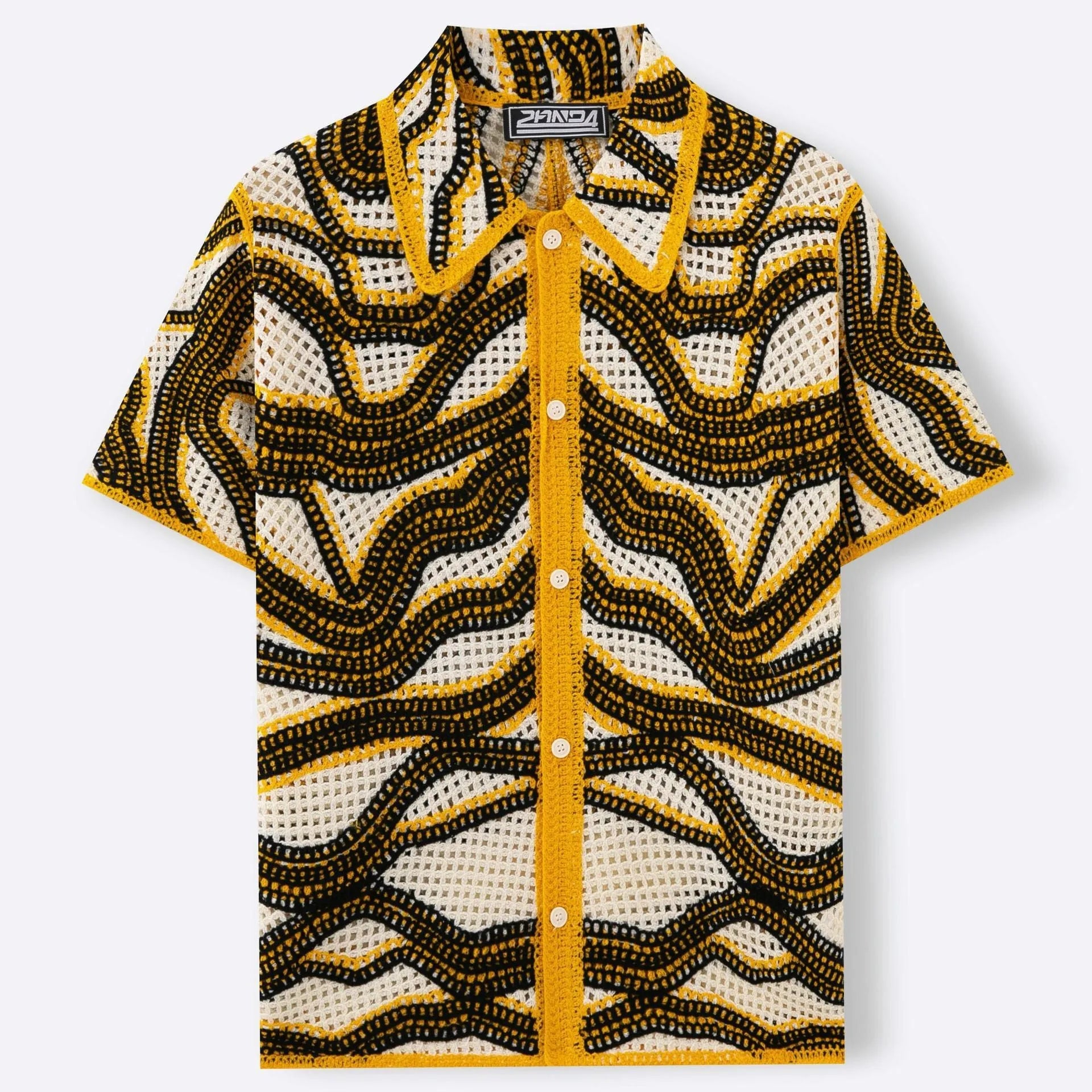 Khaki coloured hand-crocheted short sleeve cardigan with stripes and flocking texture