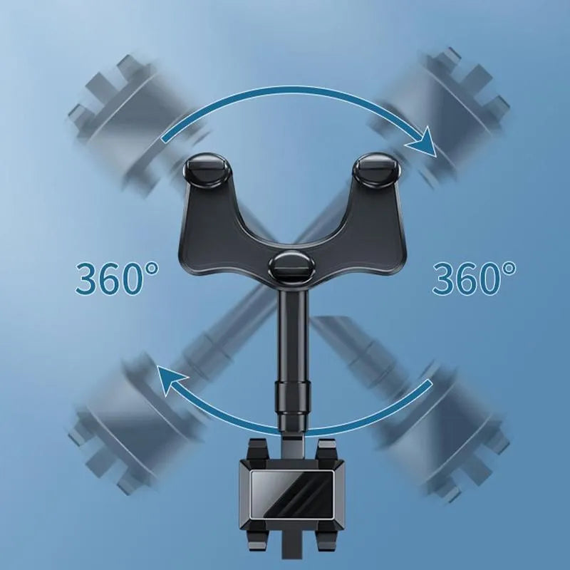 Black rearview mirror car phone holder with telescopic arm and four-claw phone grip in 360-degree rotation.