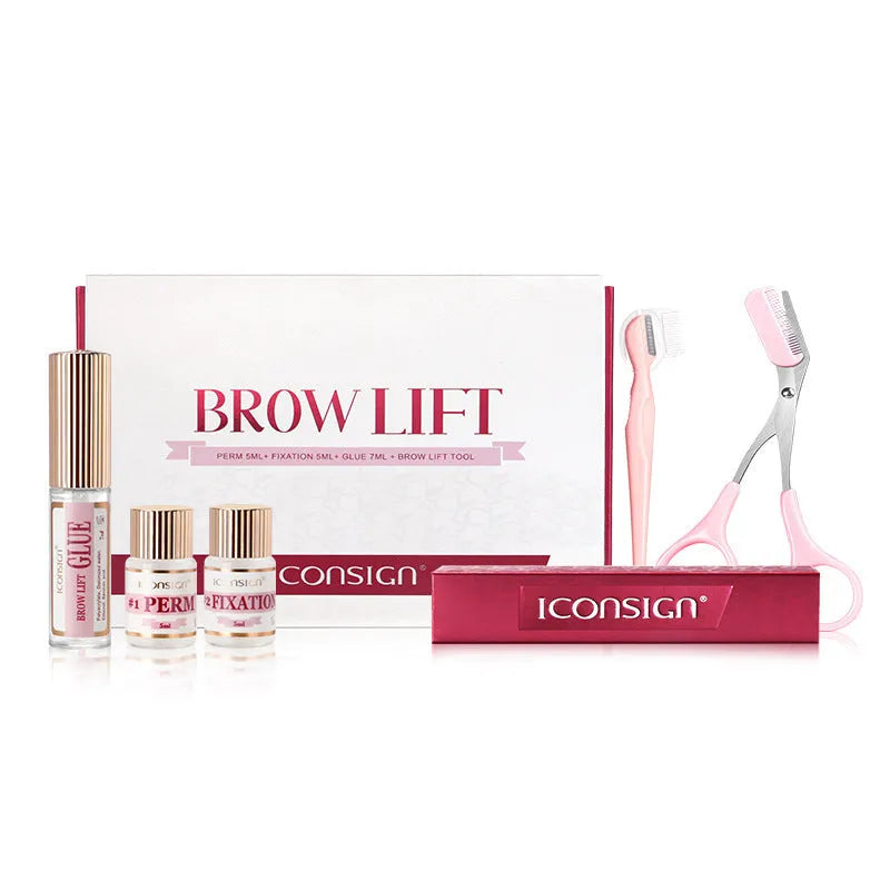 Pink eyebrow quick ironing tool inside a complete eyebrow perm suit set for home grooming.