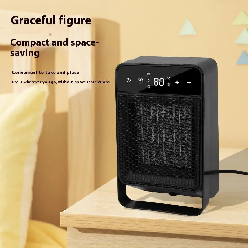 Black desktop electric heater with digital touch screen display and remote control on wooden desk