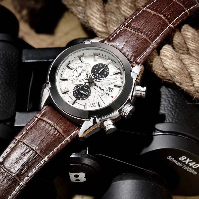 Men's quartz chronograph watch with three-eye display and luminous hands on black or brown dial
