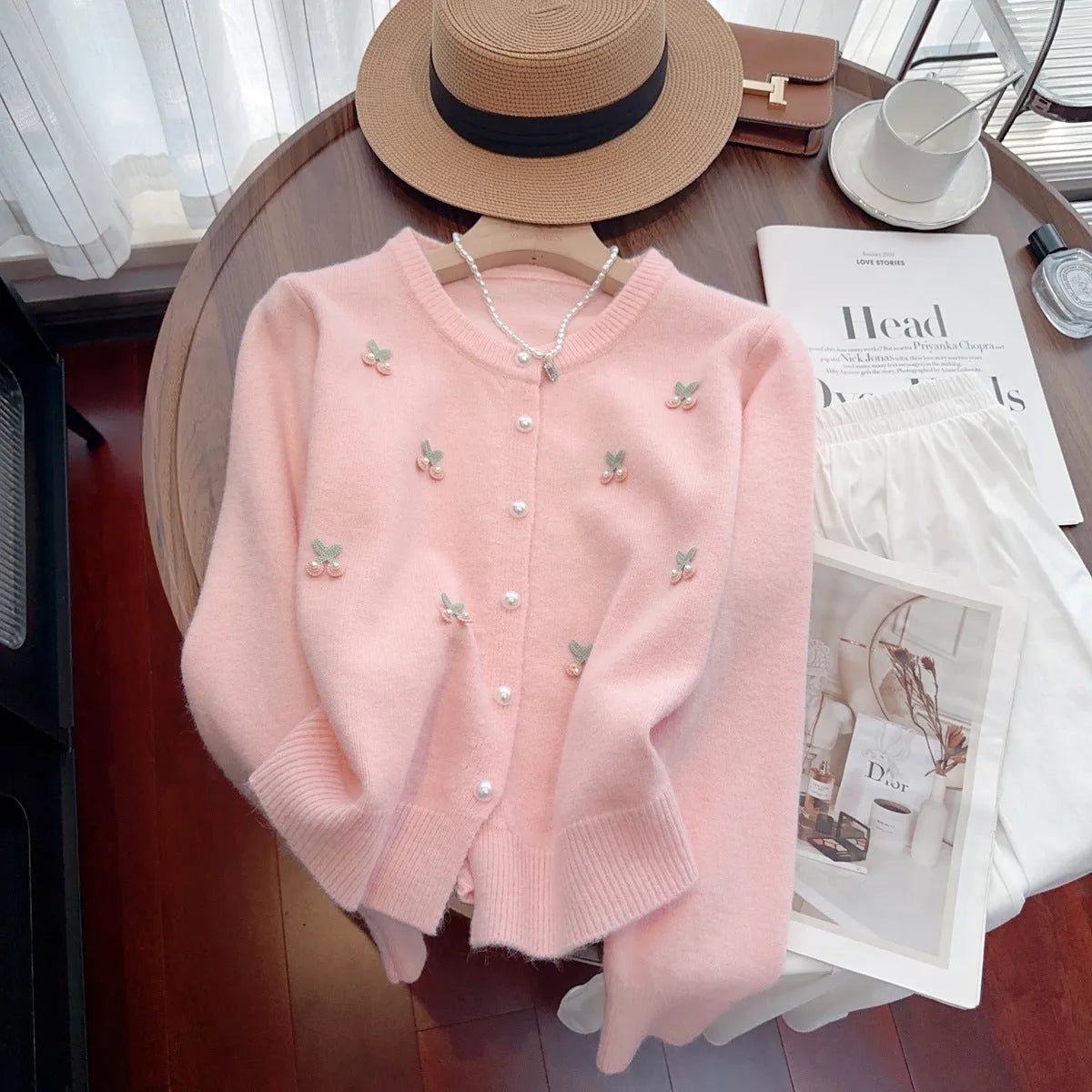 Women's cashmere-blend cardigan coat with beaded details in slim fit free size