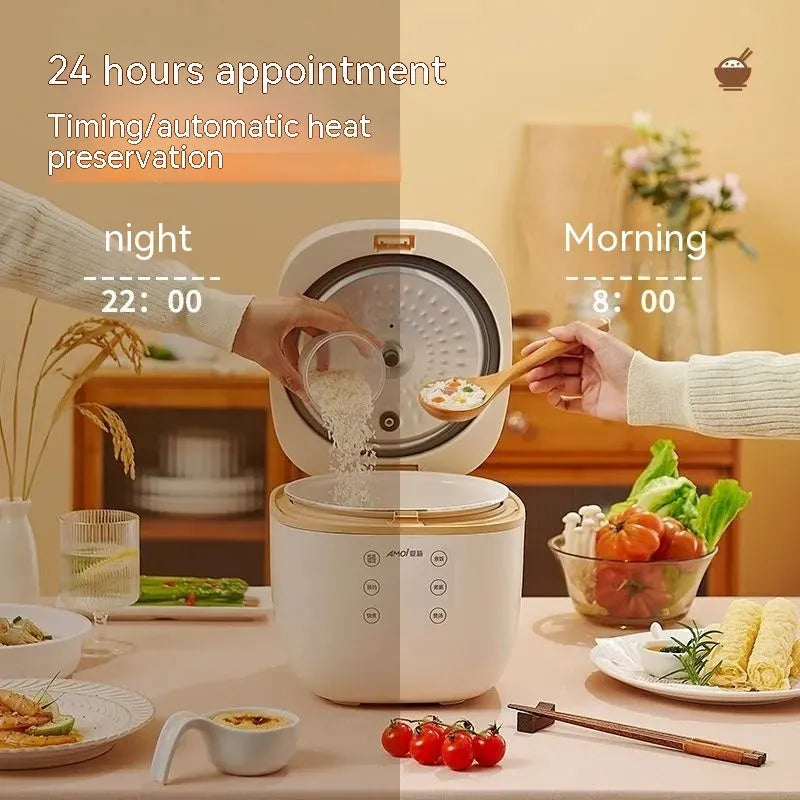White intelligent rice cooker with black crystal inner pot and accessories