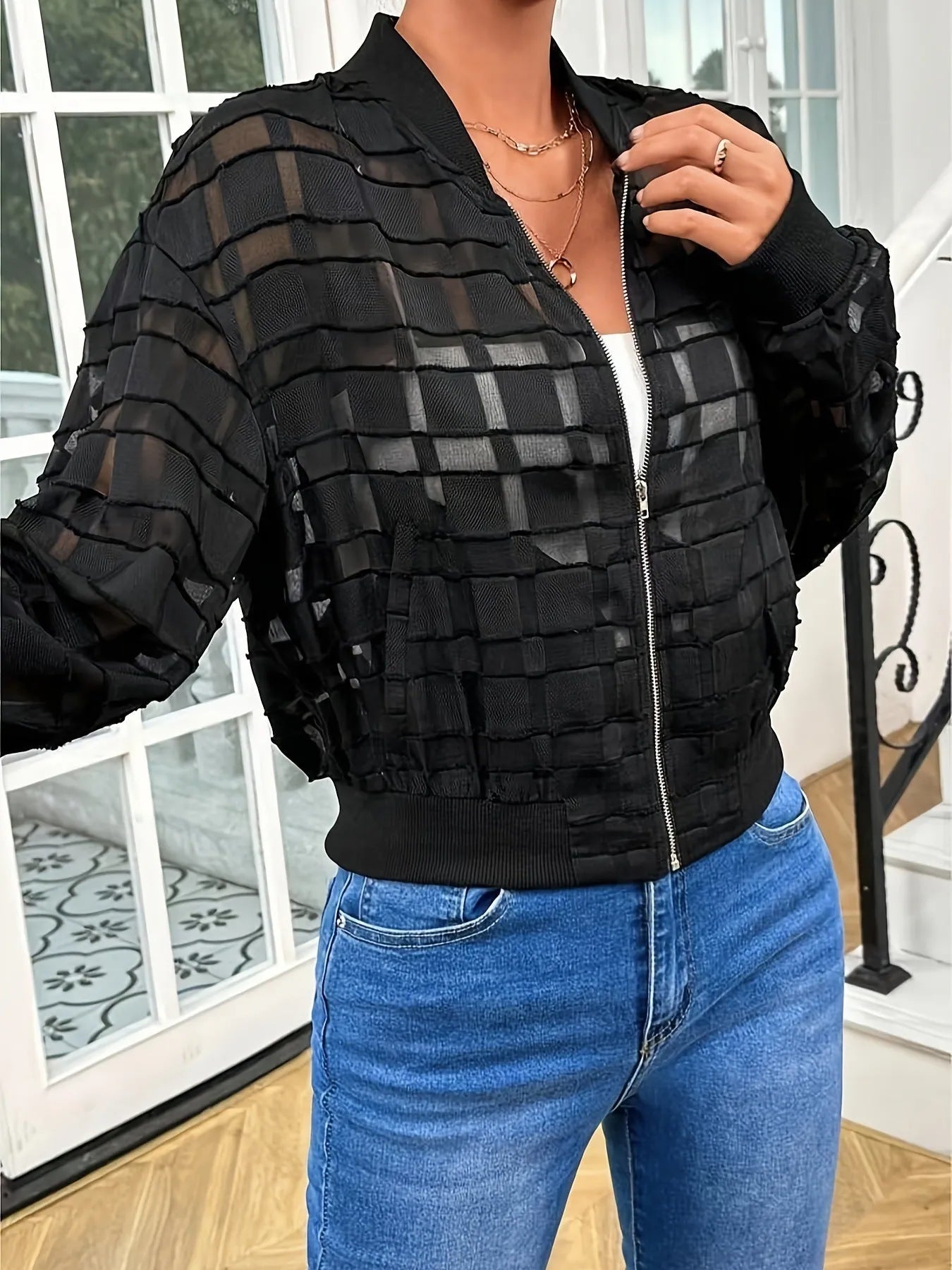 Black women's casual jacket with geometric pattern and semi-transparent thread zipper