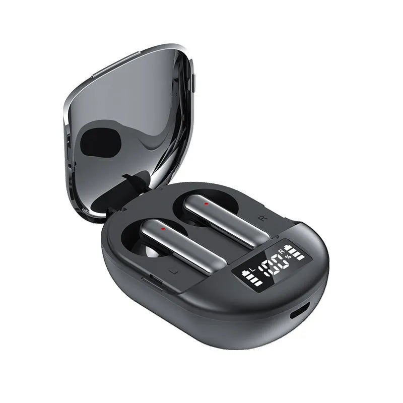Black and white wireless Bluetooth headset with charging case showing digital display screen