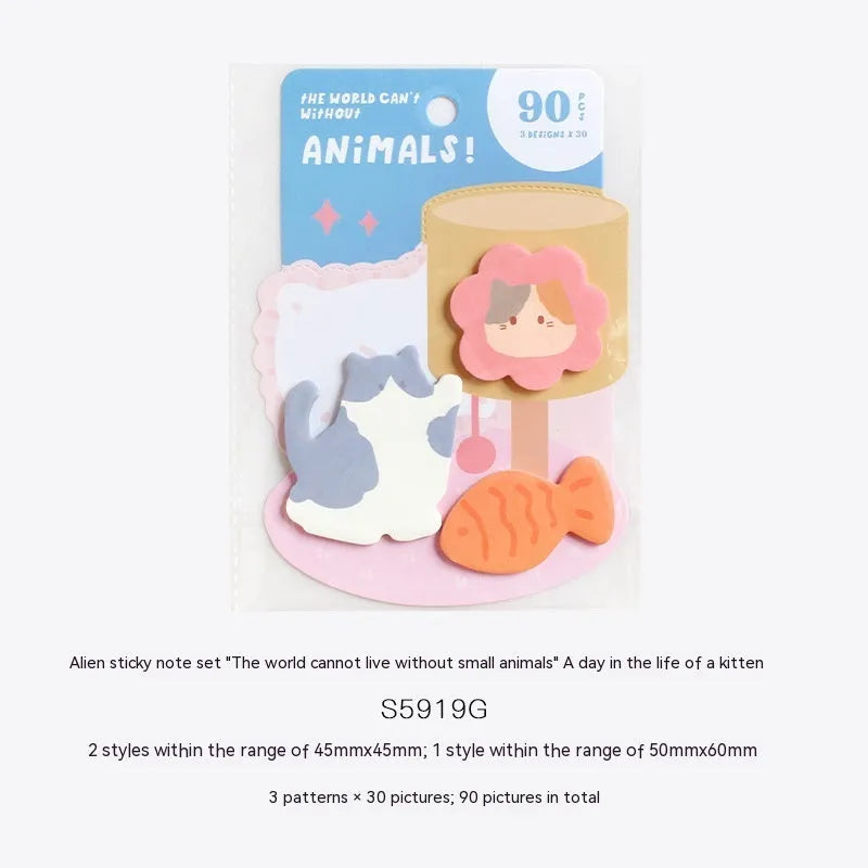 Animal-shaped sticky note set showing six cute designs including bunny, kitten, puppy and sea otter themes