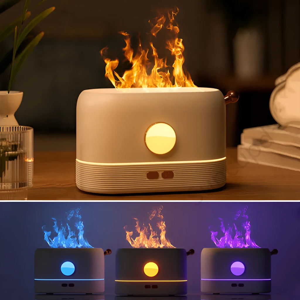 Black simulation flame USB humidifier with colour changing LED light on a desktop