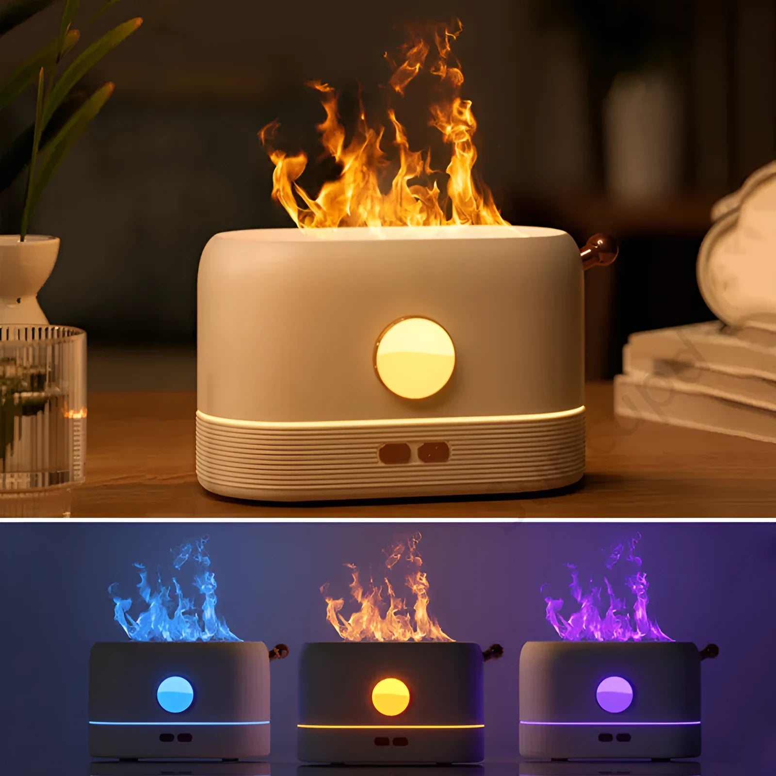 Black simulation flame USB humidifier with colour changing LED light on a desktop