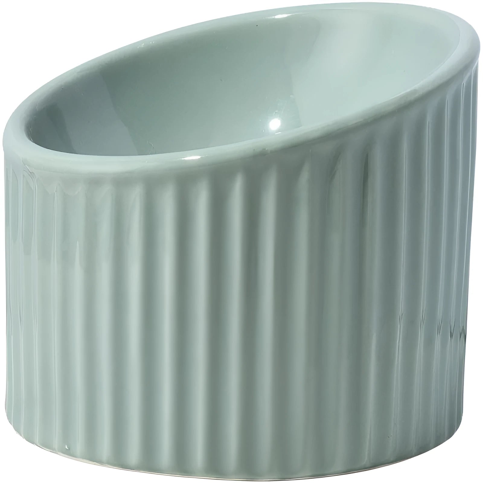 Ceramic elevated cat bowl in light green colour, showing its raised height and round, whisker-friendly shape.