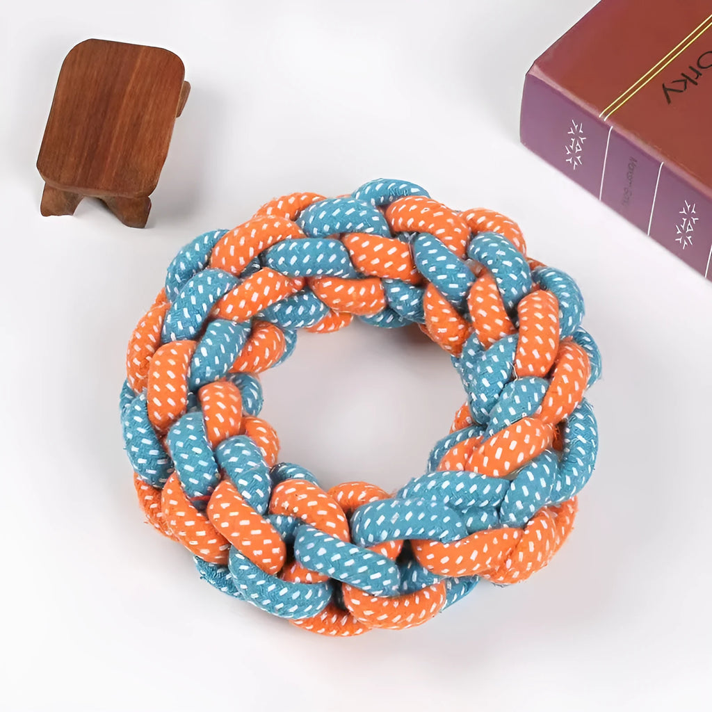 18cm diameter cotton braided ring pet toy in random colour with textured knot design