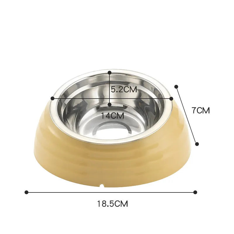 Stainless steel cat bowl in plastic base, shown in light green, beige, and brown colour options.