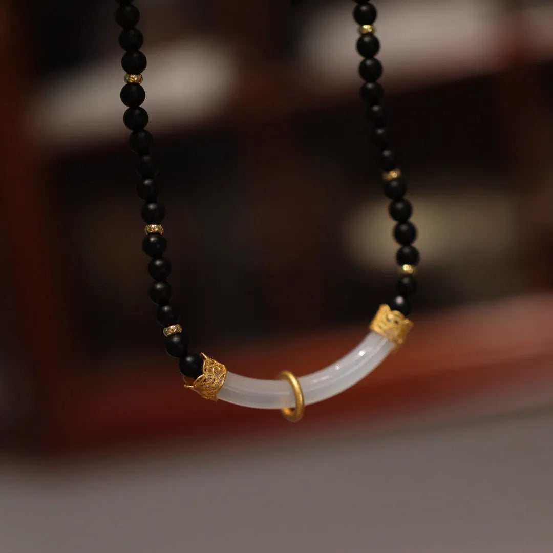 Chinese style frosted black agate and white chalcedony necklace with 925 silver U-shaped pendant