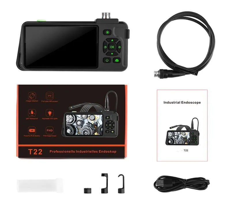 Handheld industrial endoscope with 4.5-inch screen and flexible cable for automotive inspection