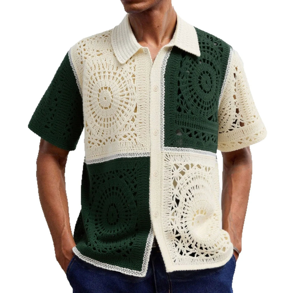 Beige men's knitted shirt with colourblock pattern and flocked detailing on short sleeves
