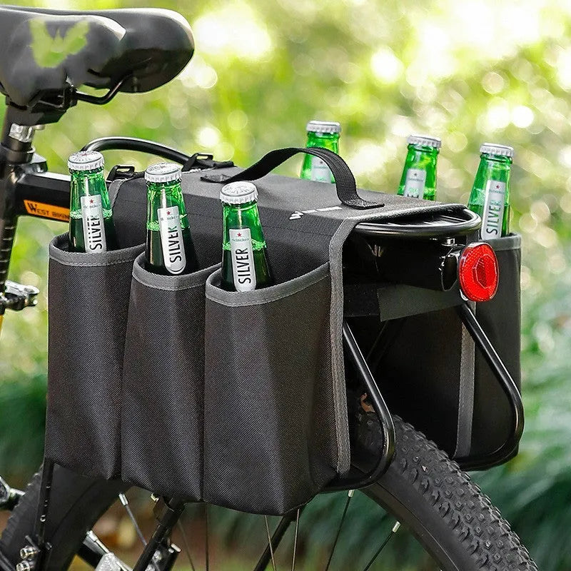 Black and orange bicycle double-sided beverage shelf bag with 2L capacity mounted on bike frame